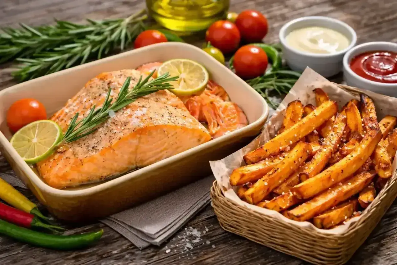 Un délicieux saumon air fryer, servi avec des frites croustillantes, des crevettes, des citrons, des tomates et des herbes fraîches.