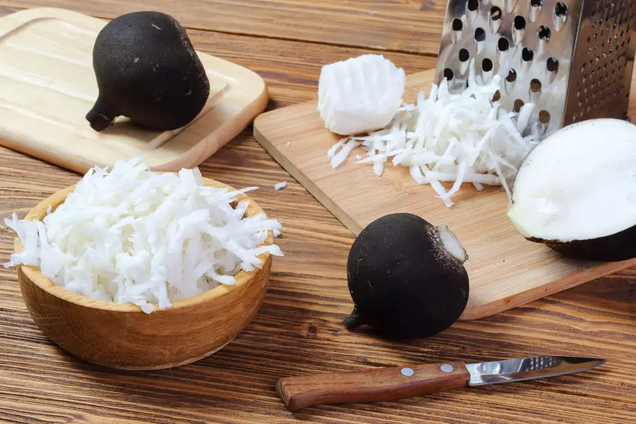 Radis noir râpé prêt pour une recette. Un couteau, une râpe et des radis noirs entiers et coupés sont disposés sur des planches en bois.
