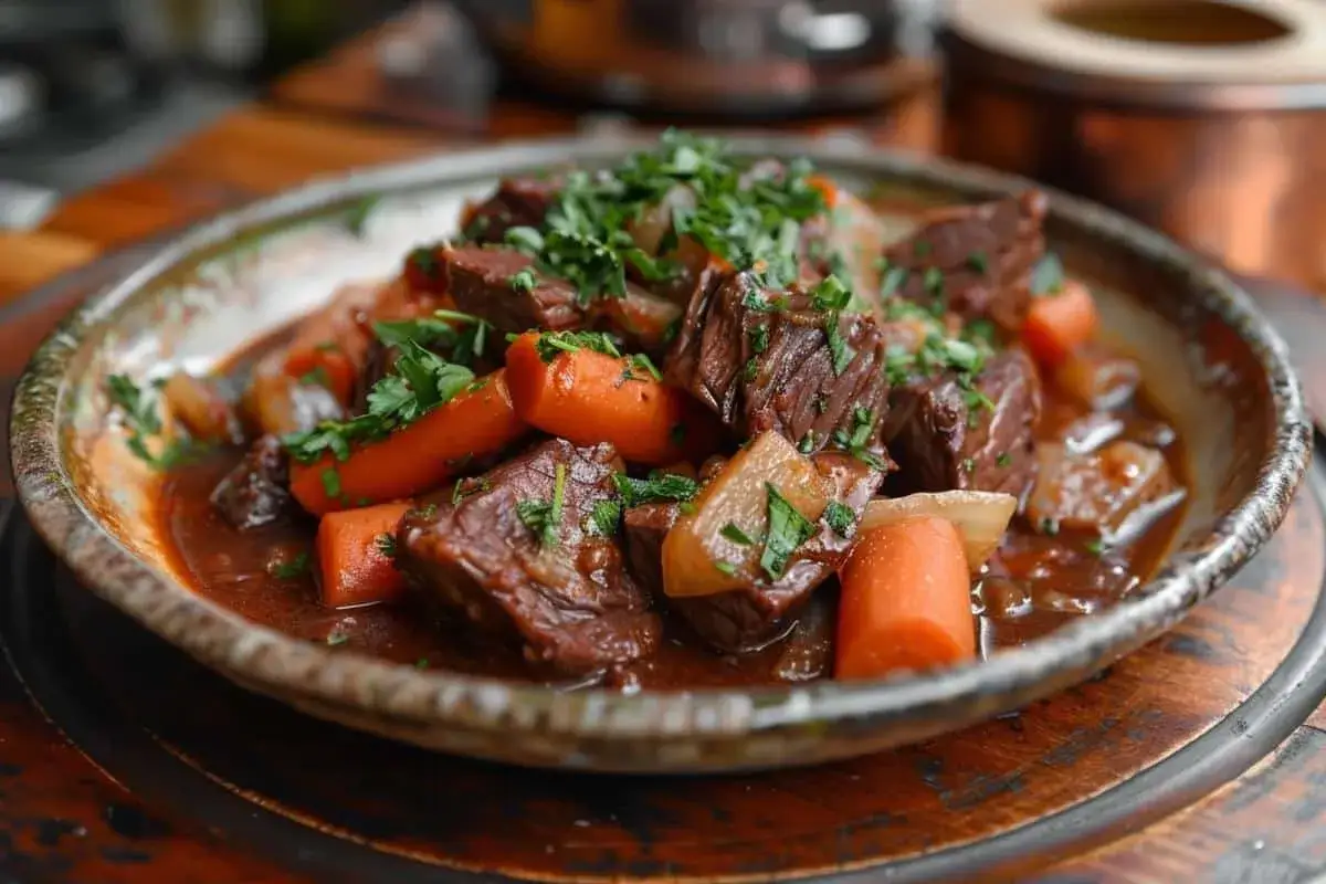 Un plat de boeuf bourguignon, tendre et savoureux, pr&eacute;par&eacute; au Cookeo, garni de persil frais.