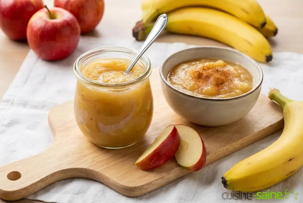 D&eacute;licieuse compote pomme banane, servie dans un bocal et un bol, avec des fruits frais et des tranches de pomme.