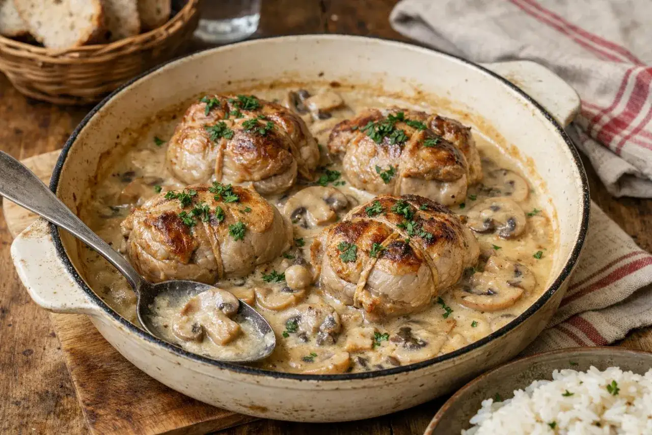 Quatre paupiettes de veau dor&eacute;es, napp&eacute;es d'une sauce cr&eacute;meuse aux champignons, garnies de persil frais. Un plat r&eacute;confortant.