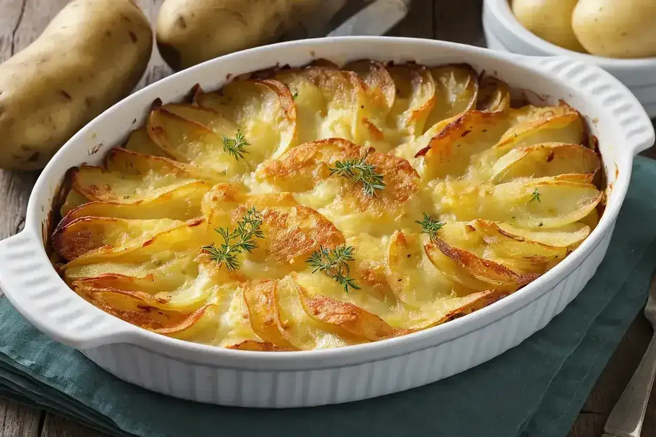 Un gratin dauphinois a&eacute;rien et dor&eacute;, pr&eacute;par&eacute; &agrave; la friteuse &agrave; air, garni de thym frais.
