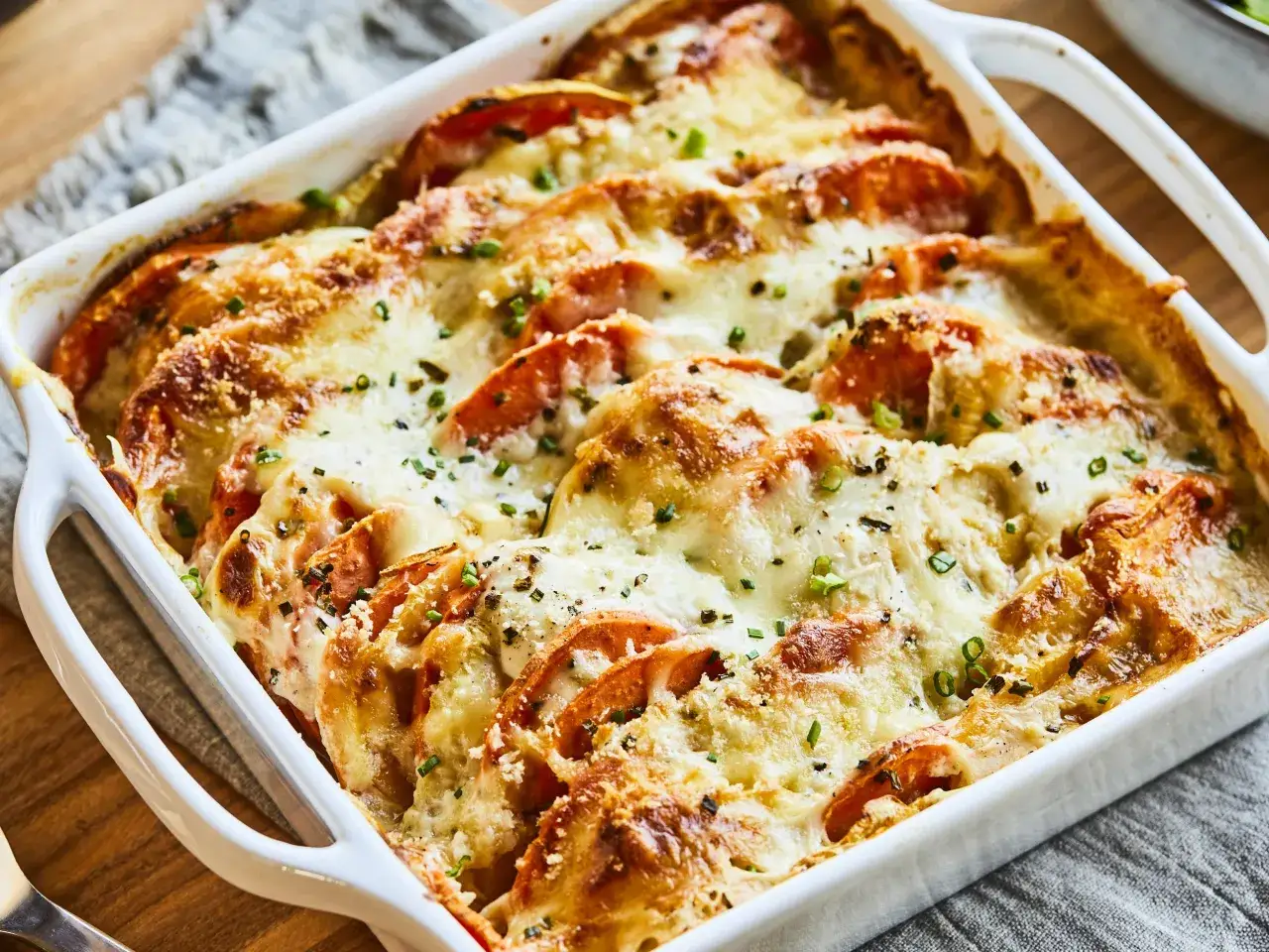 Un gratin de légumes aux tomates et fromage fondant, parsemé de ciboulette fraîche. Un plat réconfortant et savoureux.