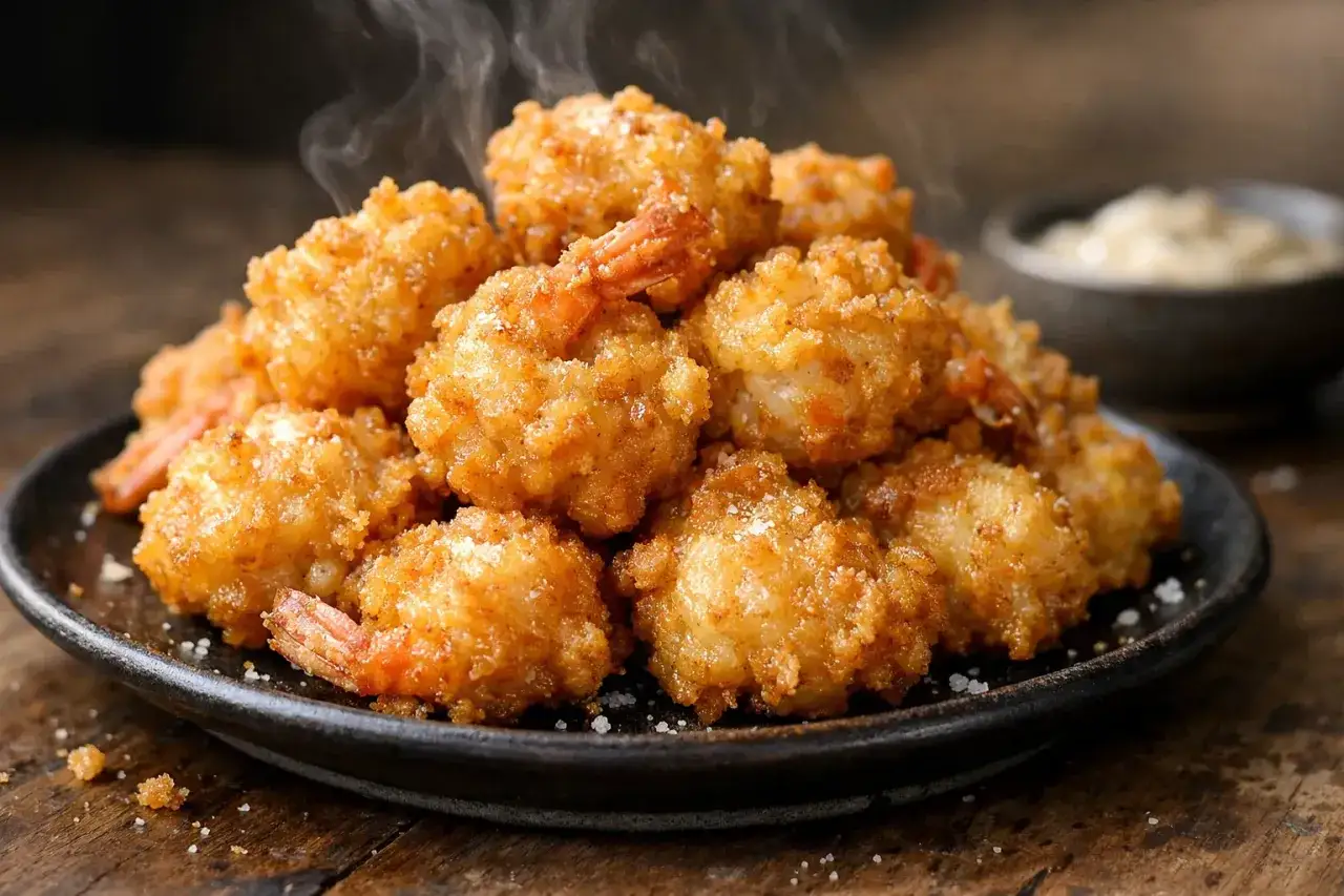 Une assiette de beignets de crevette dorés et croustillants, fumant légèrement. Parfait pour un apéritif gourmand.