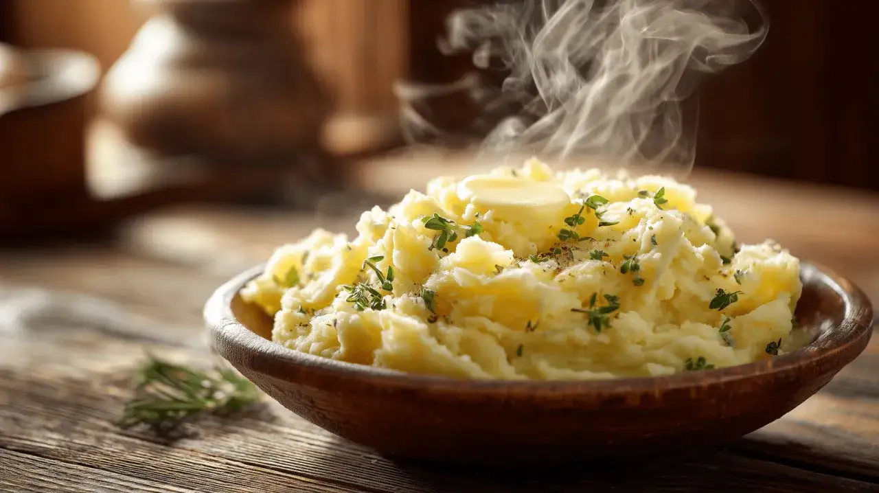 Un bol en bois débordant d'un écrasé de pomme de terre fumant, garni de beurre fondant et d'herbes fraîches.