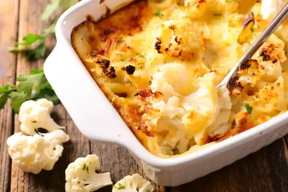 Un gratin de chou-fleur dor&eacute; et cr&eacute;meux, pr&ecirc;t &agrave; &ecirc;tre d&eacute;gust&eacute;. Des morceaux de chou-fleur frais sont dispos&eacute;s sur le c&ocirc;t&eacute;.