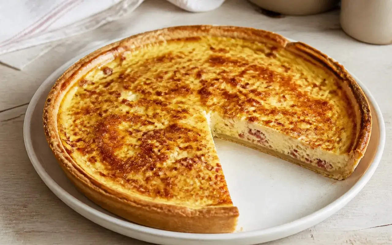 Une délicieuse quiche lorraine dorée, avec une part manquante révélant sa garniture crémeuse et ses lardons.