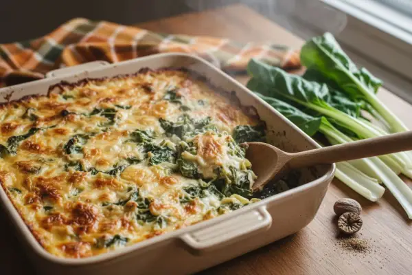 Un gratin de blettes fumant, doré et crémeux, servi à la cuillère en bois. Des blettes fraîches et des noix de muscade complètent ce plat réconfortant.