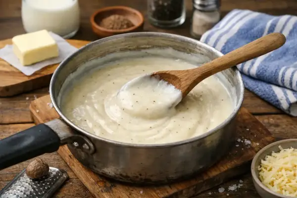 Une cuillère en bois remue une béchamel onctueuse dans une casserole. Parfait pour une recette béchamel rapide et savoureuse.
