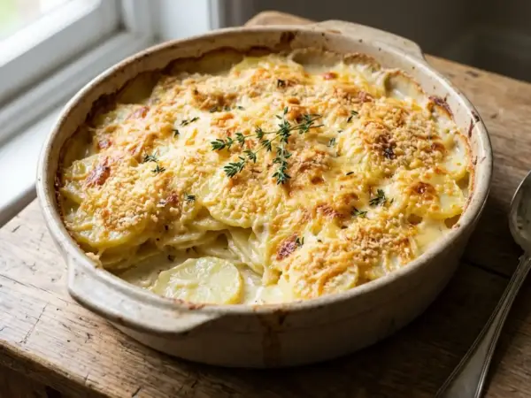 Un plat de gratin dauphinois facile, doré et crémeux, garni de thym frais, prêt à être dégusté.