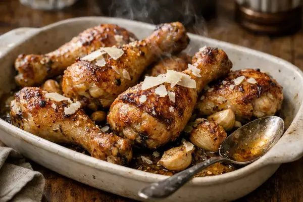 Délicieux pilons de poulet rôtis, parsemés de copeaux de parmesan et accompagnés d'ail confit, fumant dans un plat.